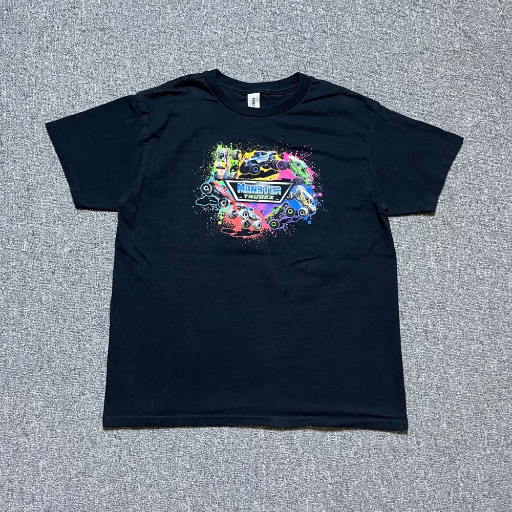 Monster Truckz T Shirt Youth Large‎ Black Graphic Tee Neon Splatter Kids